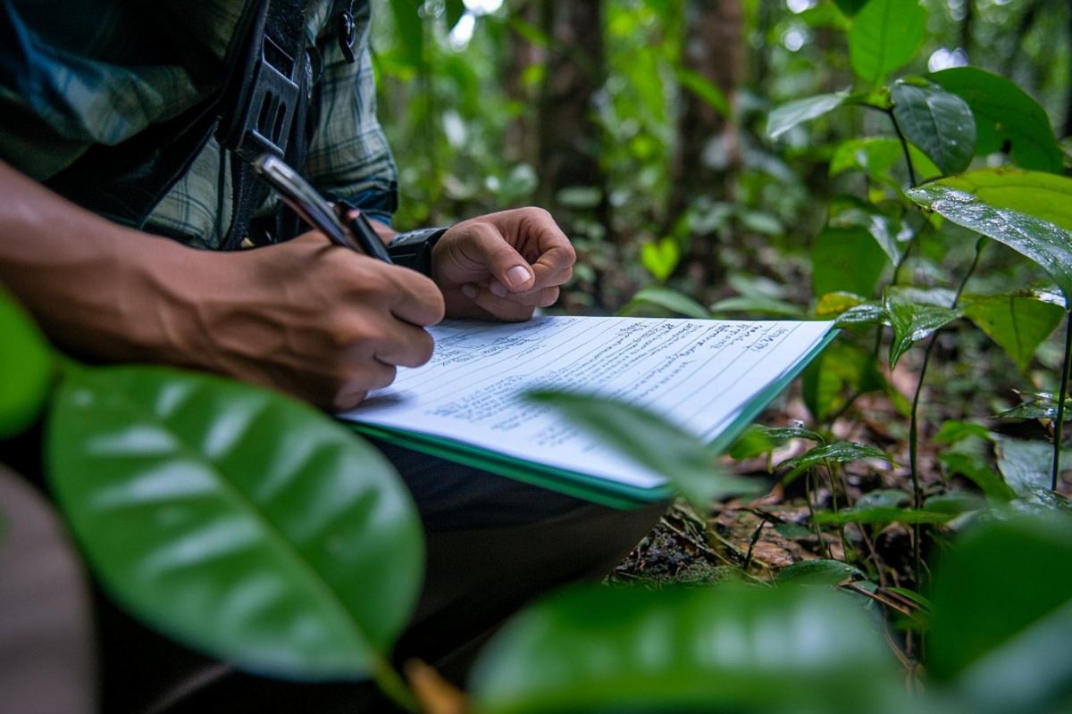 Mann skriver på en tavle i skogen